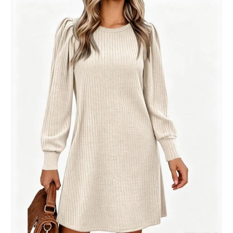 Womens Knit Midi Dress With Puff Sleeves Loose Fit Round Neck Casual A-Line Pocket
