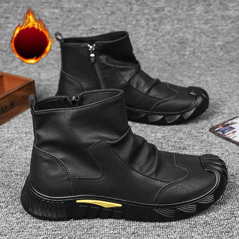Fashion Men's Boots High Cut Workwear Men Shoes Autumn 2025 Flats Zipper Pleated Non Slip Comfort Thick Soled Wear-resistant Boots Men