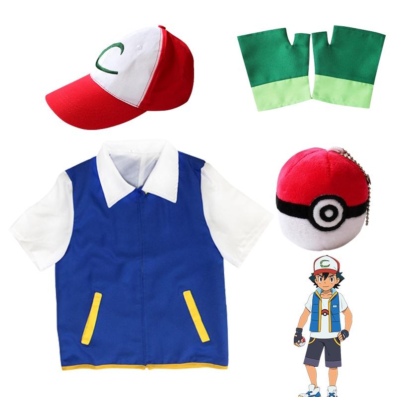 Pokemon Ash Ketchum Cosplay Costume Full Set Adults Jacket Gloves Hat Halloween High Quality Elastic Soft Polyester Material