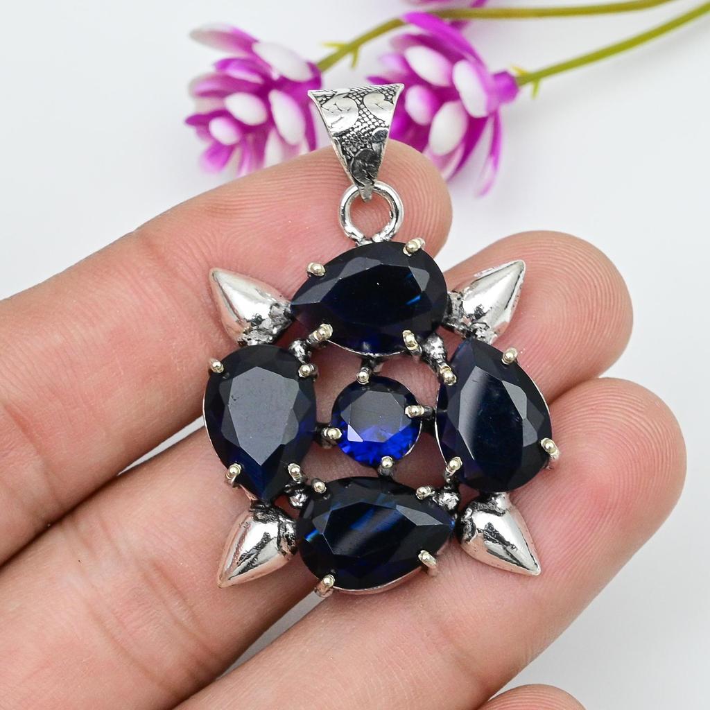 Blue Sapphire Pendant, Handmade Gemstone Pendant, 925 Solid Sterling Silver Pendant Antique Jewelry, For Engagement Gift