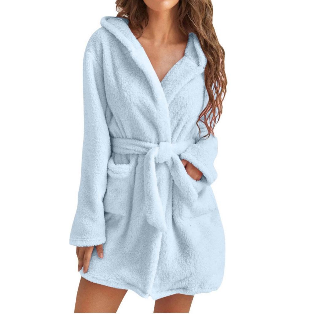 Autumn and Winter Hooded Home Plush Pajamas Short Sleeved Solid Color Warm, Nightgown