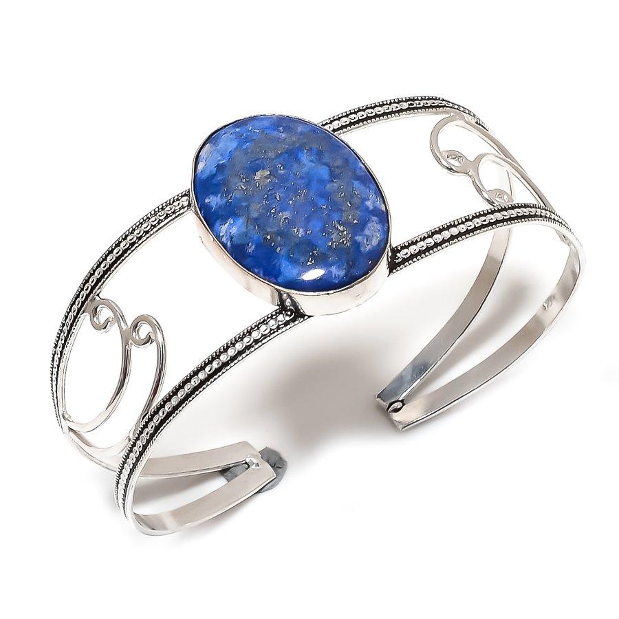 

Натуральный Лазурит Драгоценный Камень 925 Стерлинговое Серебро Манжета Браслет Регулируемый z7R42