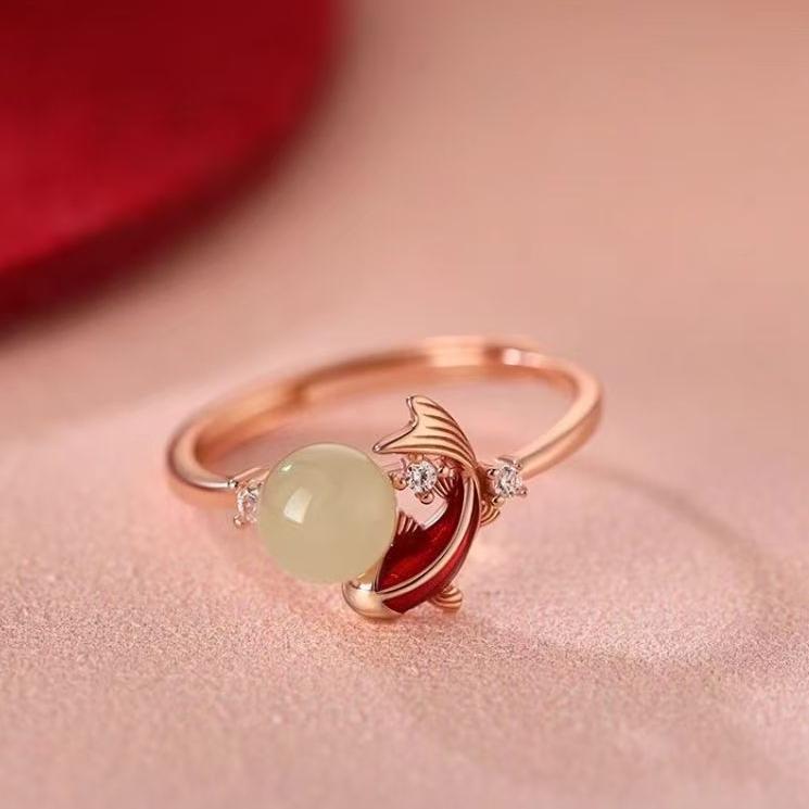 Jade Koi-Design Resin Women s Open Ring - Ethnic Style, Adjustable Index Finger Ring
