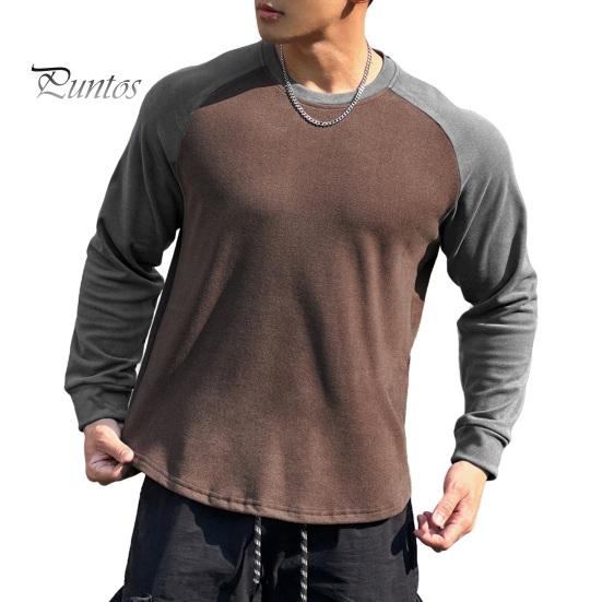 

Осень-зима Мужской топ-топ облегающего кроя с о-образным вырезом в стиле пэчворк, эластичный свитер с длинными рукавами, средней длины, для фитнеса, тренировок, бега, повседневной носки, рубашка S кофейный