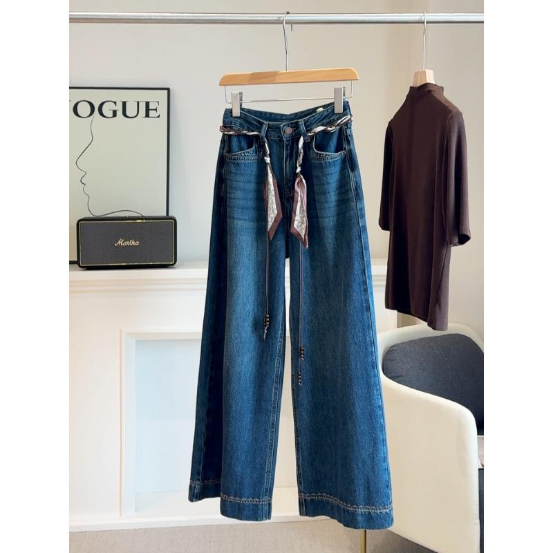 Retro embroidered high-waisted wide-leg jeans women's spring and autumn new loose drape and thin straight casual trousers
