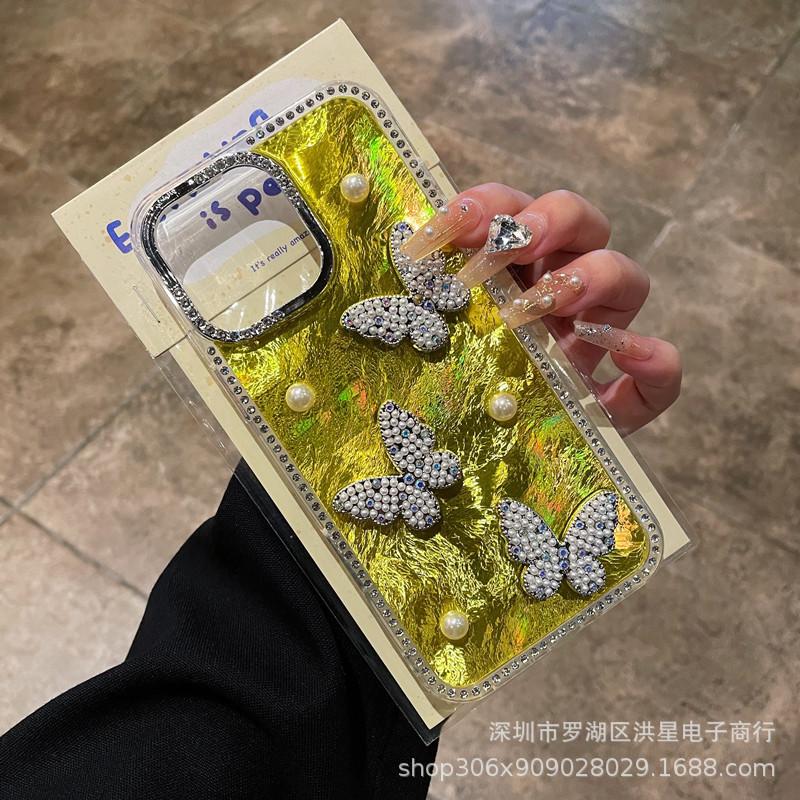 

Applicable To Apple 16proMax Pearl Butterfly Laser Mobile Phone Case Diamond IPhone 15 Shell Pattern 14 Anti Fall Case iPhone16