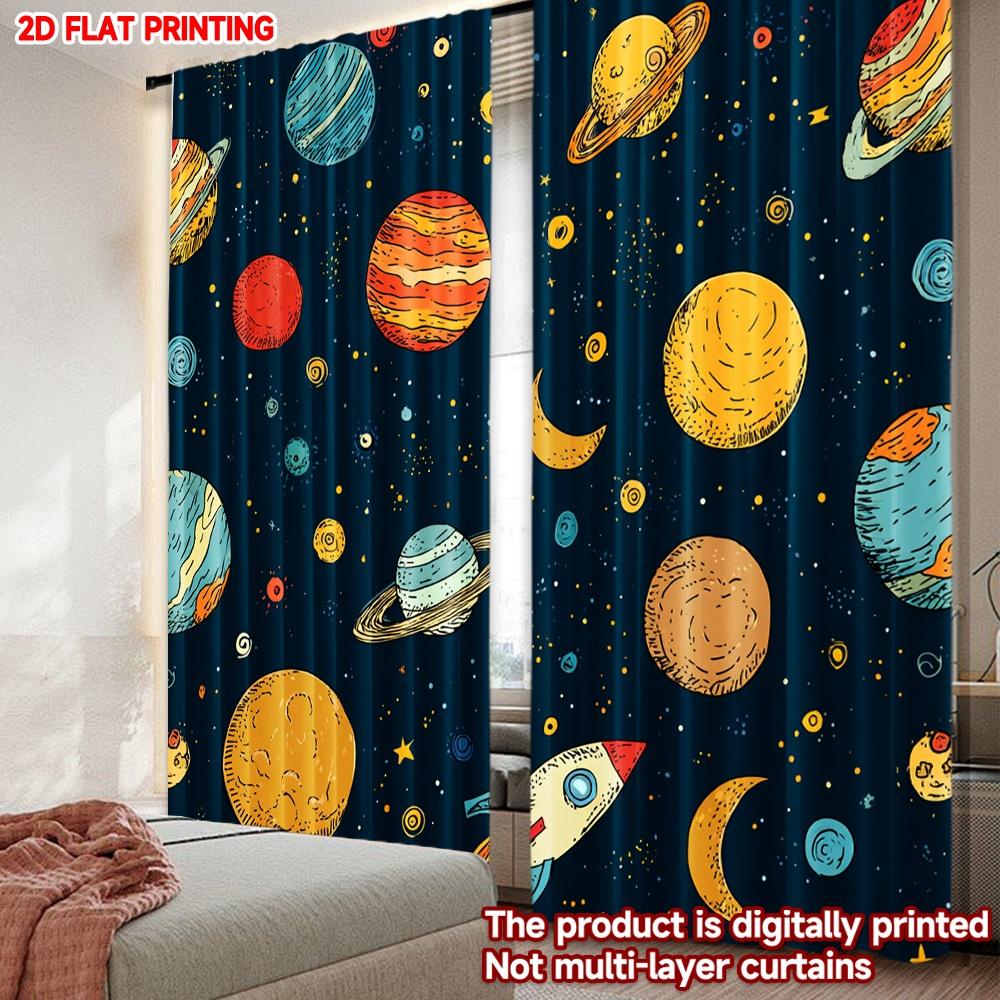 Set Of 2 Flat Printing Happy Valentine Day Window Drapes Cartoon Space System Planetary Land Digital Printed Polyester Curtain