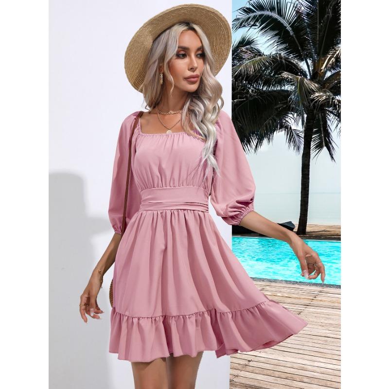 Summer Women's Dress Ruffle Square Neck Solid Color Dress Sweet and Fresh Tie Short Dress