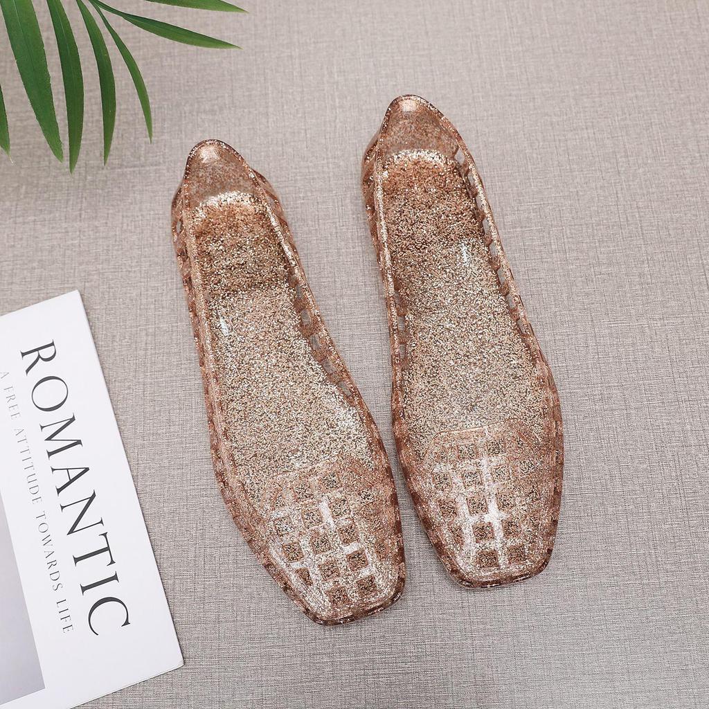 Damen Sommerschuhe im koreanischen Stil, durchsichtige Jelly-Flats mit eckiger Spitze - Hohl geschnittene Slip-Ons, Kristallschuhe