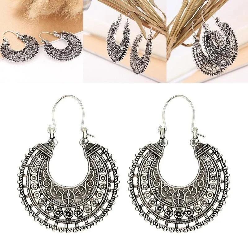 Náušnice kruhy Etnické Kmenové Aztécké Hippie Boho Visací Stříbrné Tibetské Módní