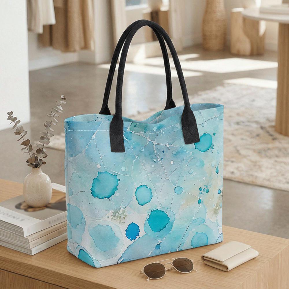 Blue Watercolor Print Tote Bag Large Capacity Casual Shoulder Handbag for Daily Use