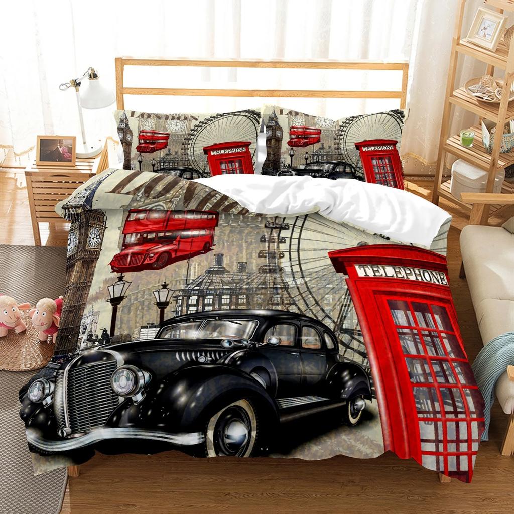 New York Statue Of Liberty Duvet Cover Kingqueen Size Retro Car Nostalgic 50S BeddingVintage Car Polyester Quilt Cover For Men