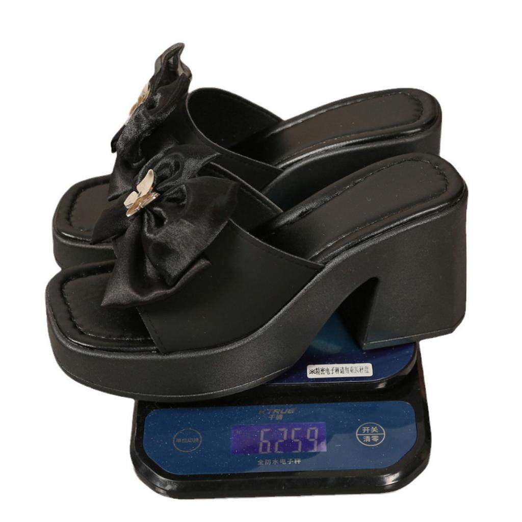 Outer size large size new fashionable solid color versatile thick heel buckle bow fashionable women's high heel cool slippers