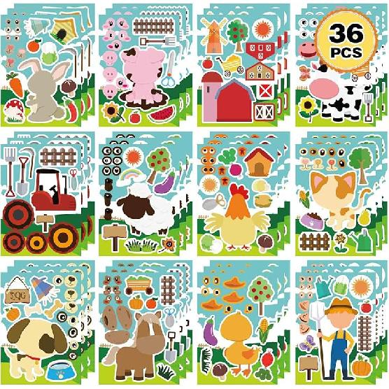 36 PCS Farm Animal Stickers Sheets, Make-a-face Sticker, Make Your Own Stickers for Kids Farm Themed Party Favors Supplies Craft Birthday Gift for