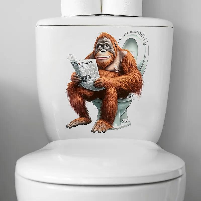 3D Funny Cartoon Monkey Reading Newspaper Toilet Wall Sticker Self-Adhesive Waterproof Removable Bathroom Home Decor Art