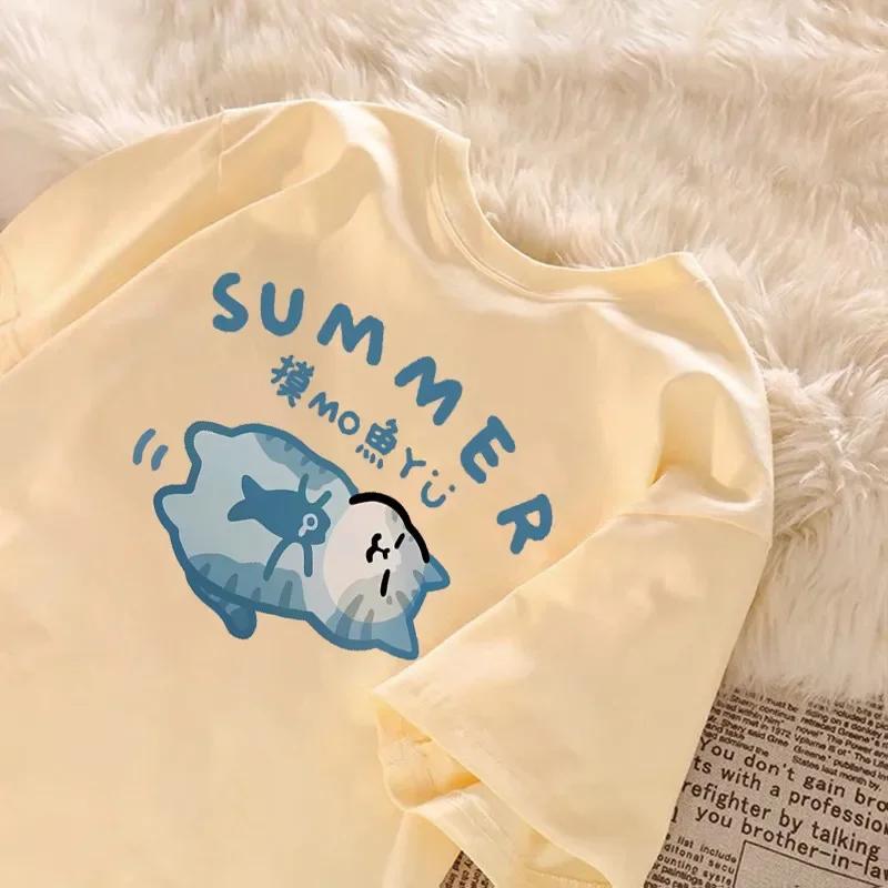 Summer Japanese Cartoon Fashion Trend Cute Fish Sleeping Kitten Print Stylish Loose Casual Tshirt Top Large Size