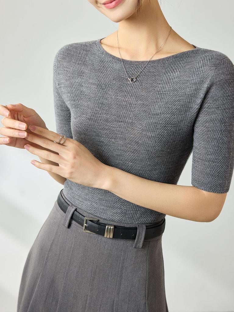 Yangtze Fine Spun Wool One-Shoulder Mid-Sleeve Women's Slimming T-Shirt, Spring Pure Color Elegant Base Layer Top