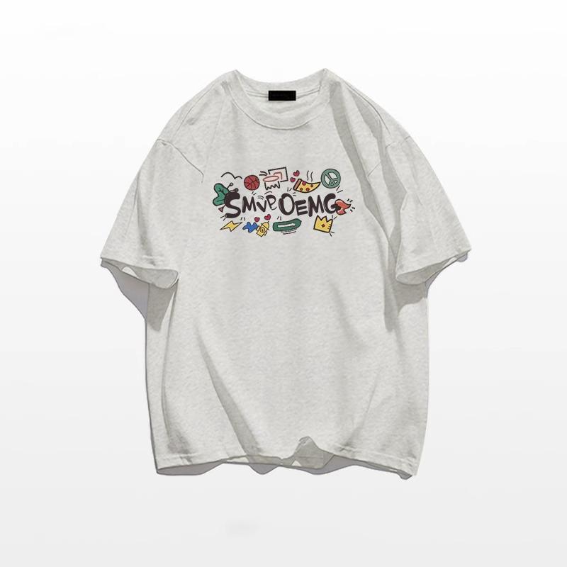 

Женская летняя 2025 футболка свободного кроя из чистого хлопка белого цвета с коротким рукавом - стиль хай-стрит M хизер серый