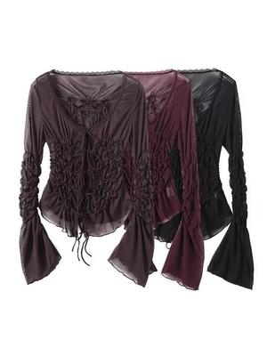 Slim-Fit Women's Lace V-Neck Blouse with Straps and Pleats – Chic European and American Style