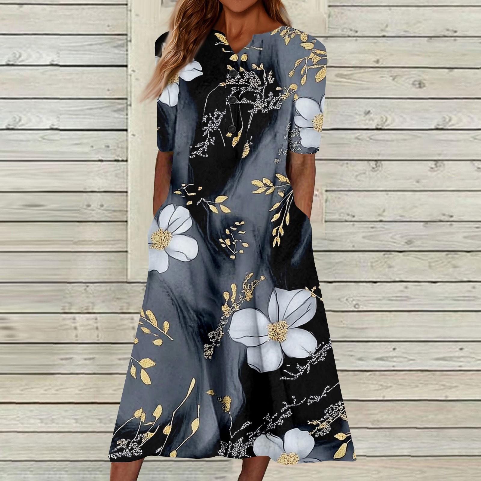 

Женский летний повседневный цветочный (Градиент) Платье с коротким рукавом с принтом L чёрный