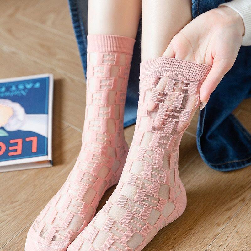 5 Pairs Women's Pile Socks Thin Cotton Bottom Crystal Socks Transparent Black Silk Middle Tube Letter Glass Silk