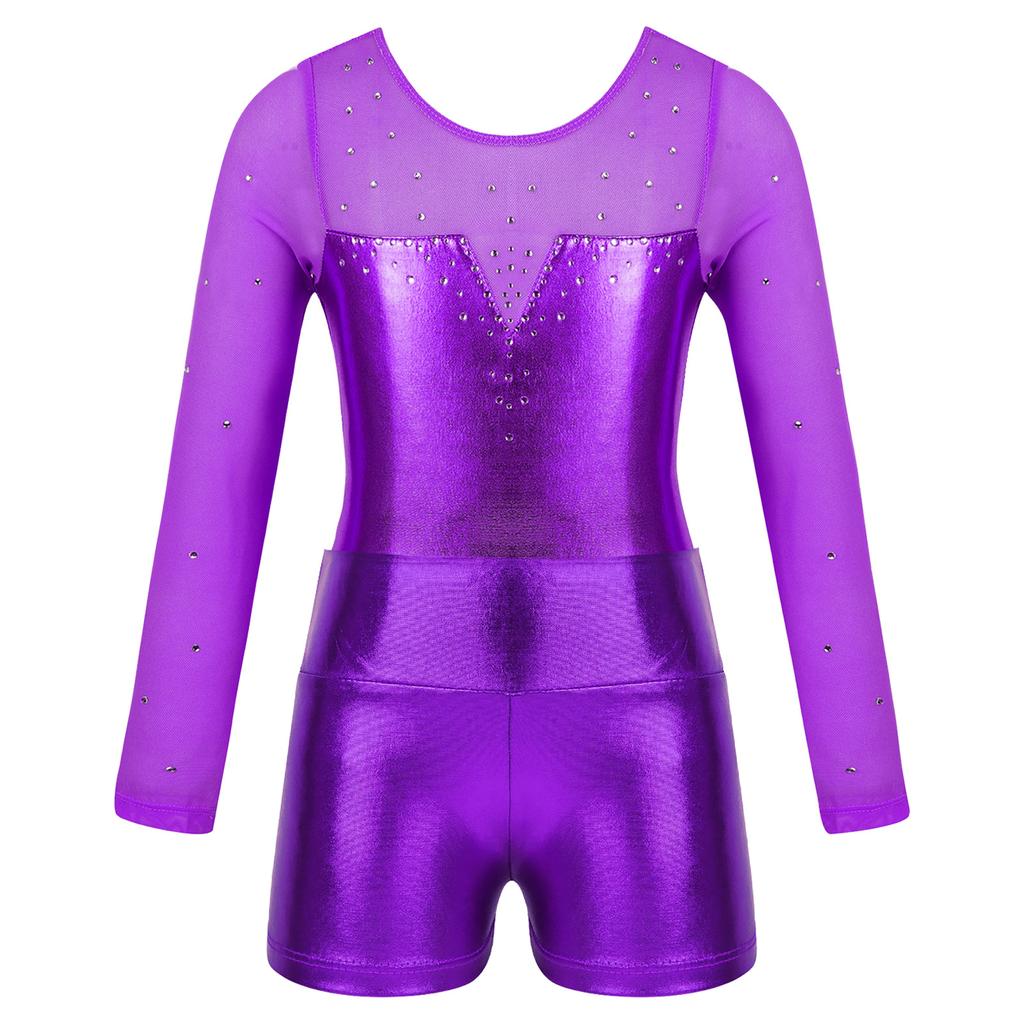 Mädchen Metallic Turnanzug Langarm Strass Patchwork Design High Waist Shorts Performance Set