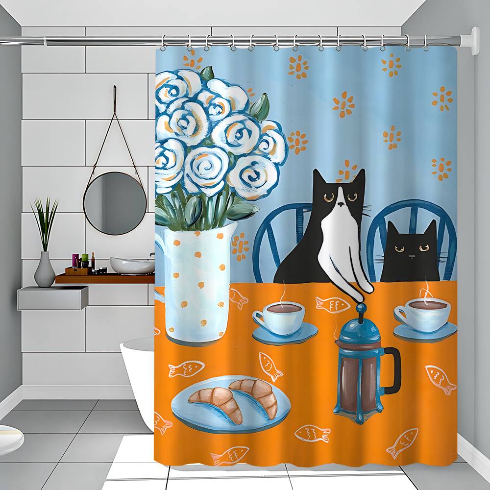 Black And Pink Cat Funny And Creative Beach Shower Curtain Waterproof Polyester Bath Curtains For Bathroom Decorate With Hooks