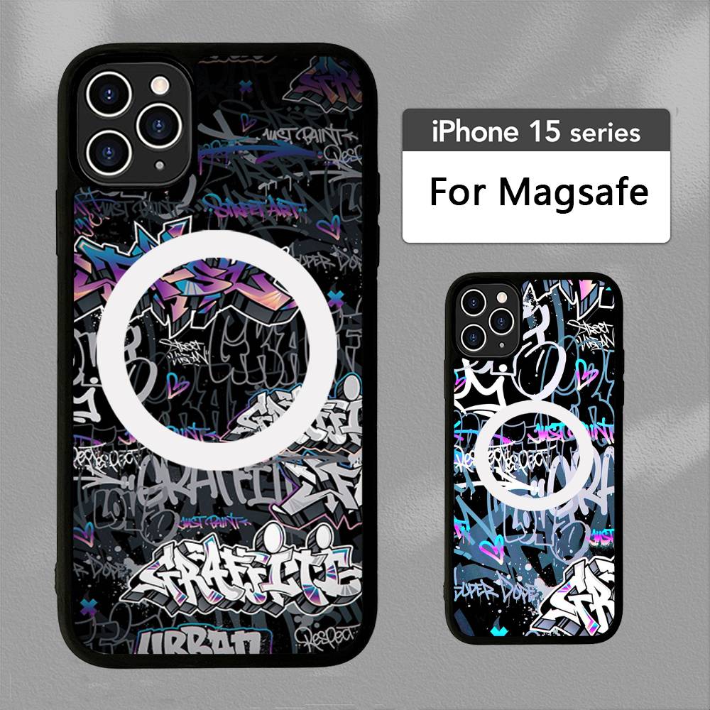 Cool Black Graffiti Phone Case For iPhone 13 14 15 11 12 16 17 Pro Max Plus For Magsafe Magnetic Shell