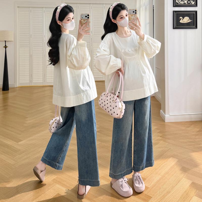2026 Quality Maternity Wear: Korean Style Long-Sleeved Spring/Autumn Doll Shirt for Trendy Moms L