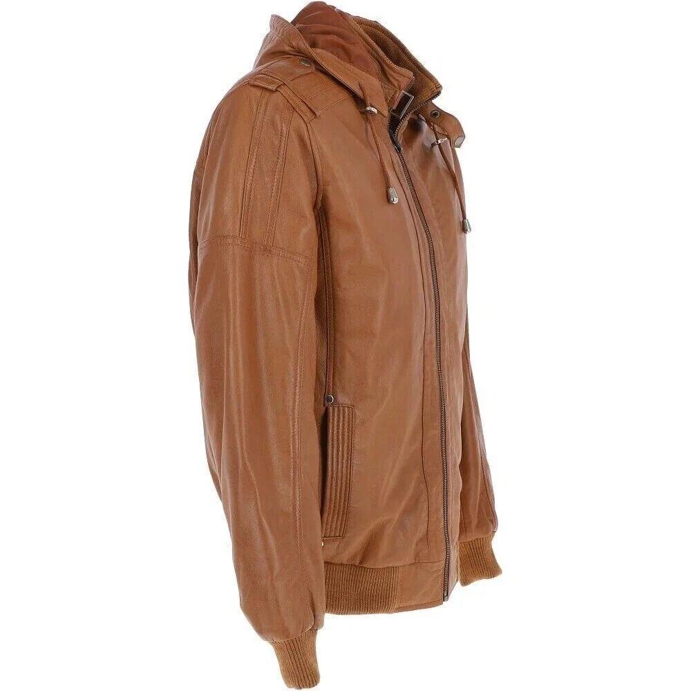 Handmade Leather Men Motorcycle Halloween Hooded Brown Festive Jacket Stylish Lambskin
