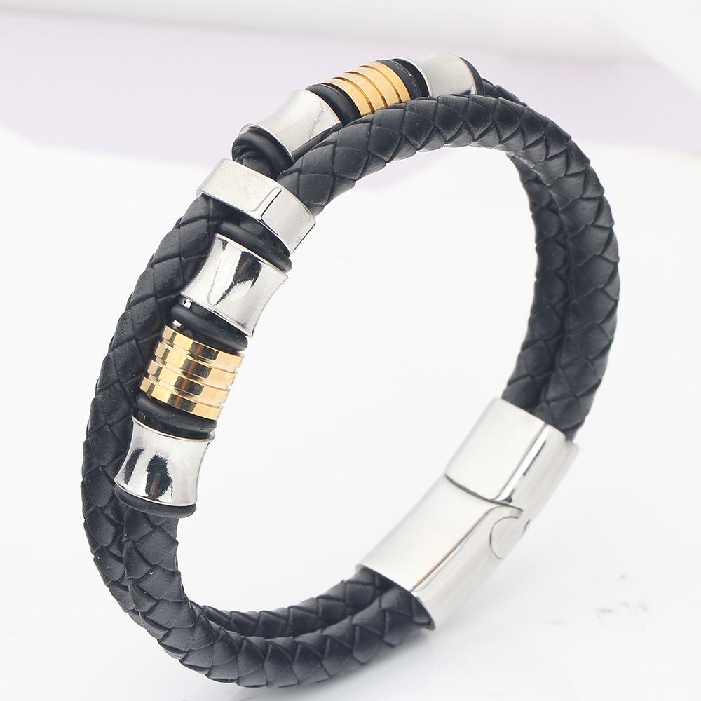 15mm European & American Double-Layer Woven Leather Bracelet with Gold-Inlaid Titanium Steel
