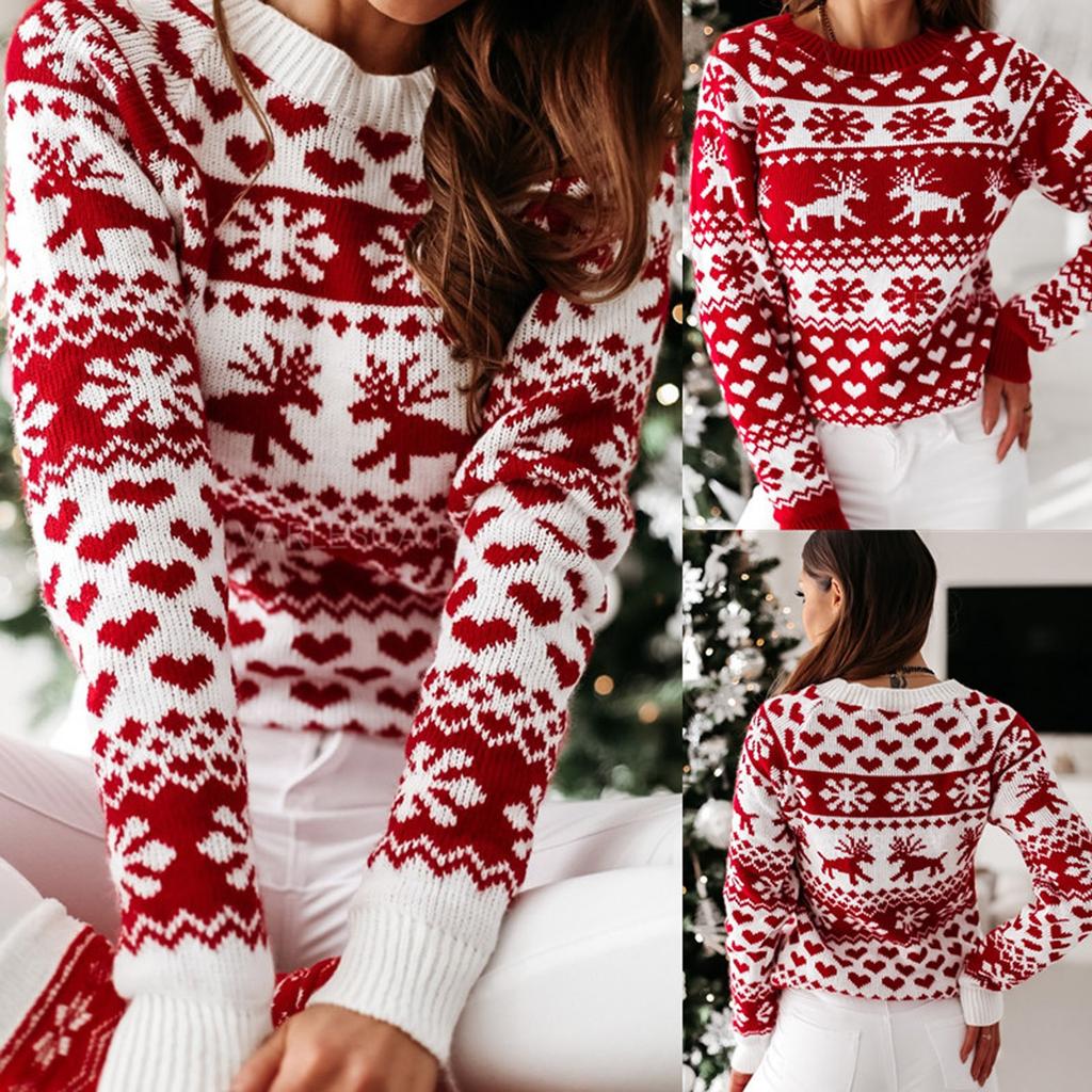 Women's Fashion Christmas Knitted Printed Long Sleeve Round Neck Sweater