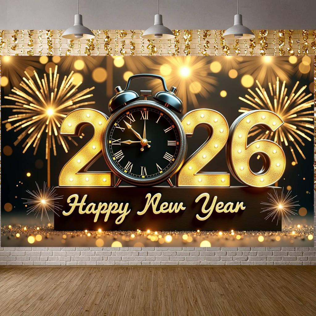 2026 Neujahrsbanner 2026 Design Uhr Dekor Banner Goldene Lichter Banner Beleuchtetes Design Für Feiertagsfeier 2026 Feier