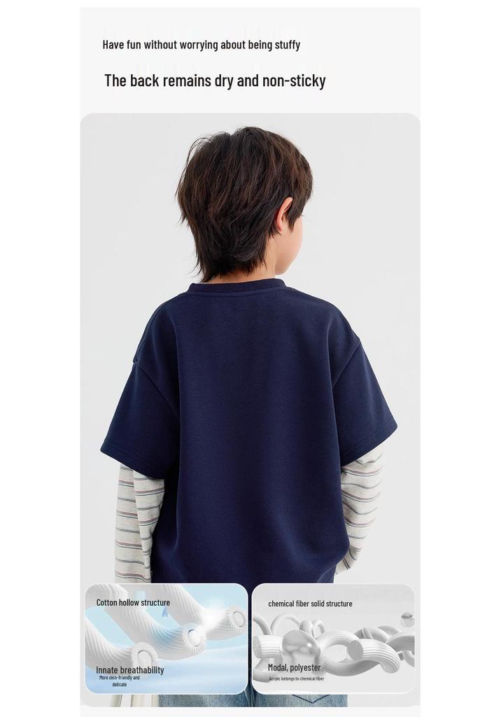 Boys' Autumn American Style Fake Two-Piece Long Sleeve Round Neck T-Shirt