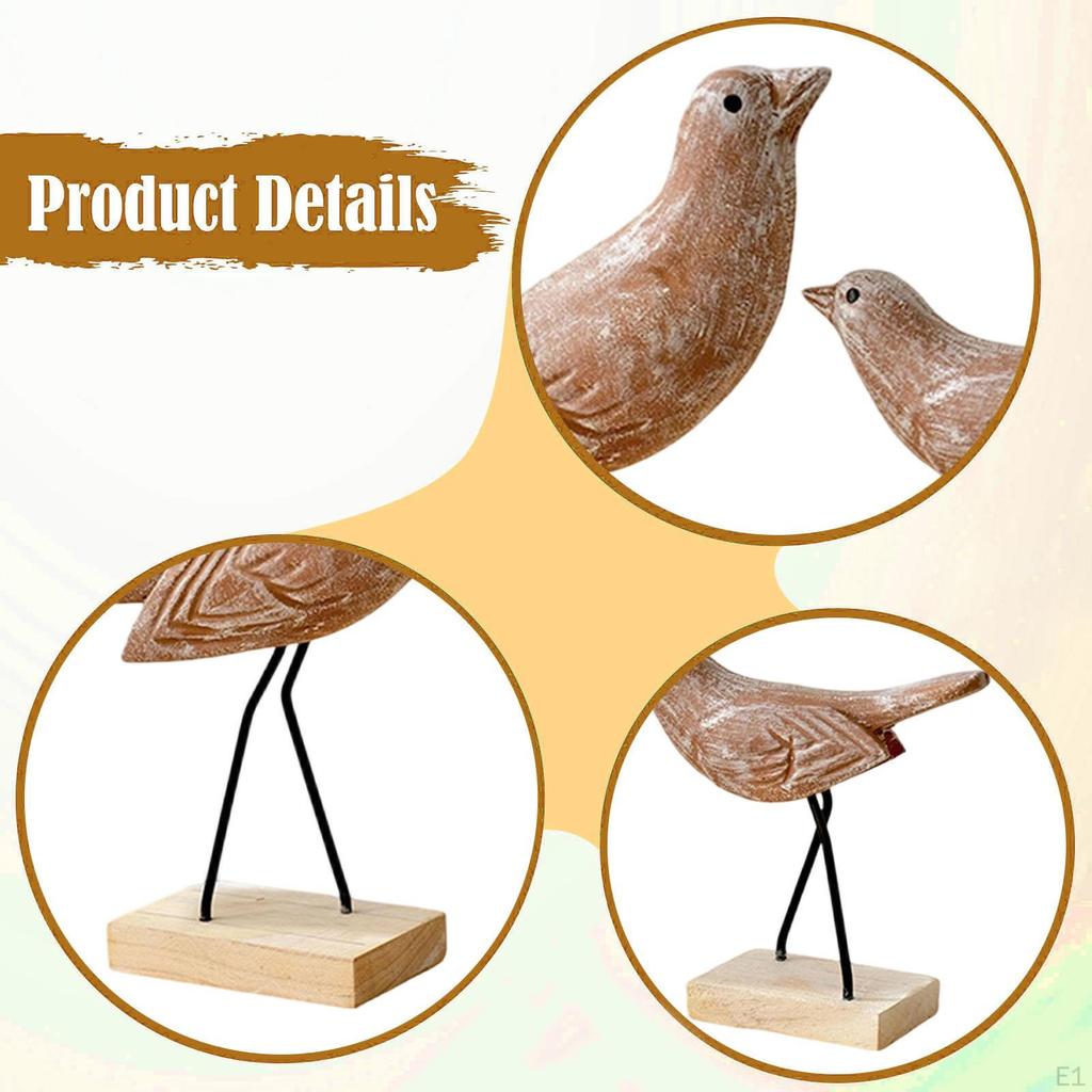 2Pcs Wooden Birds Figurines Animal Sculpture Rustic Lifelike Bird Statue Figurine for Cabinet