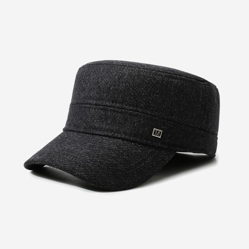 Mens Winter Warm Wool Blend Flat Top Cap with Ear Flaps Outdoor Cold Weather Hat