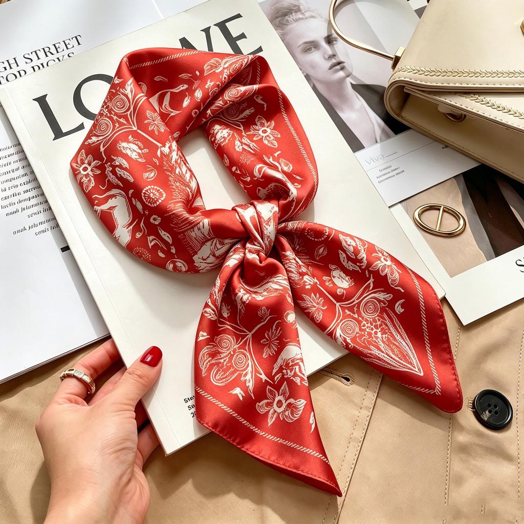Autumn and winter Maillard cashew square scarf silk scarf women's shirt versatile neck small scarf tied hair decorative scarf