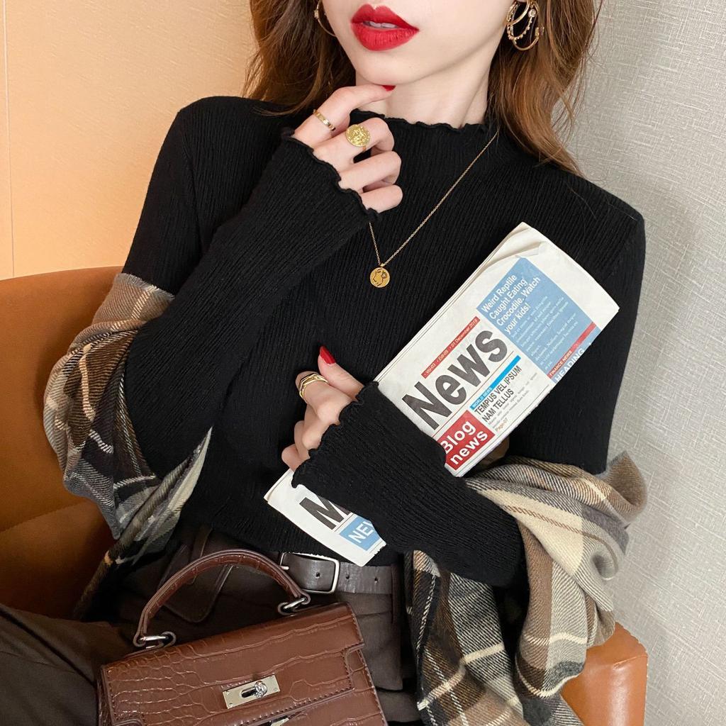 Ruffle Semi-high-neck Sweater for Women's Autumn and Winter Stylish with Base Layer Inside and Out Trendy and Casual Long-sleeved Pullover