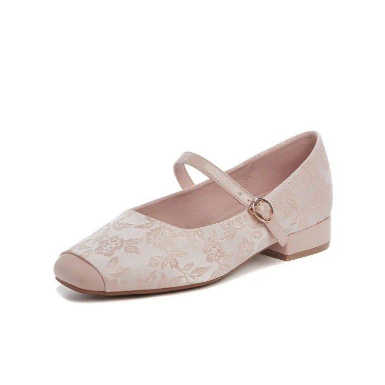 New Chinese Mary Jane women's shoes 2025 new spring and autumn satin square head thick heel ballet French light mouth single shoes