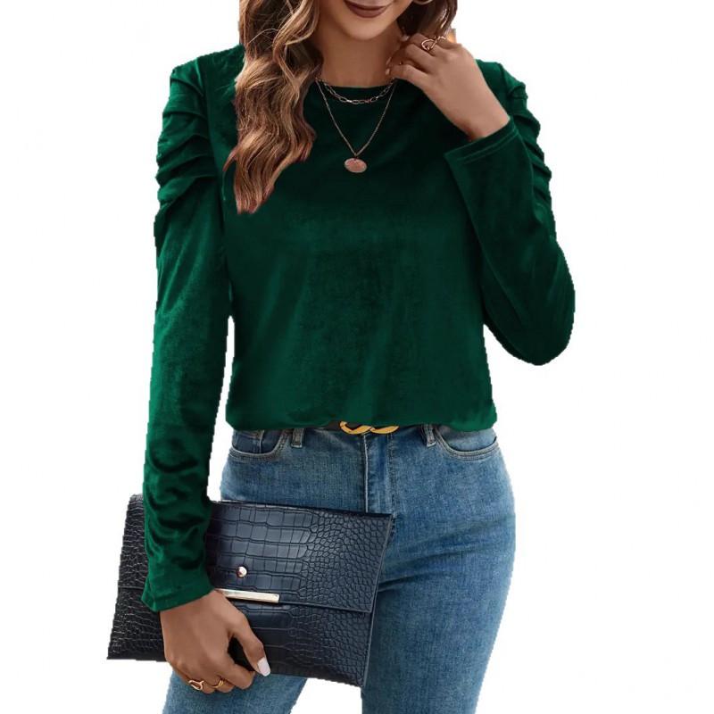 Womens Winter Stretch Velvet Casual Round Neck Fitted Puff Sleeve Long Top