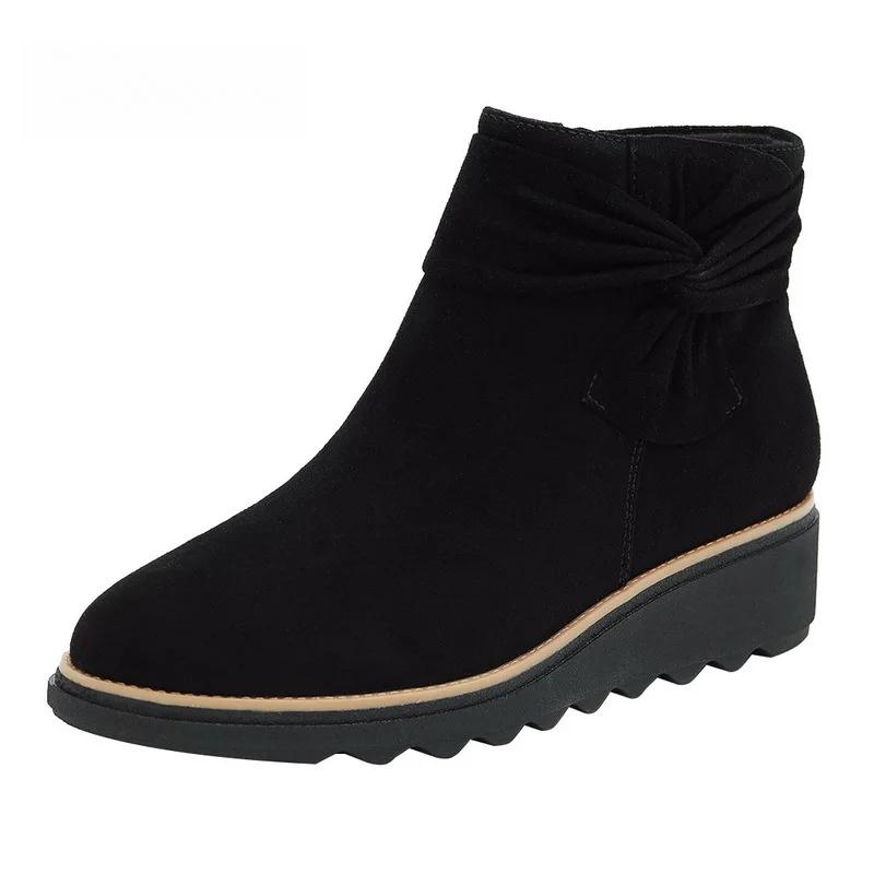 Winter Short Boots Side Zipper Bowties Ladies Boot Female Footwear Women's Autumn Boots Mid Heel Wedges Shoes