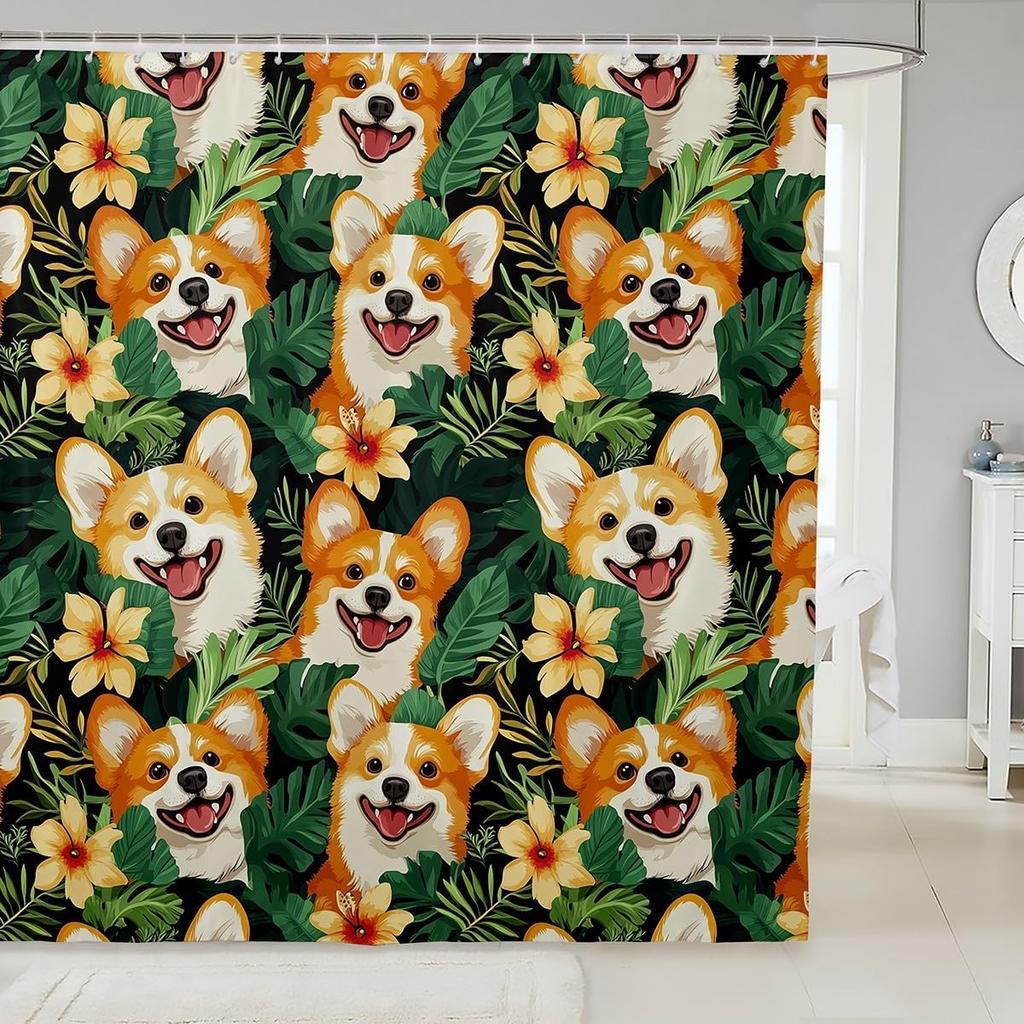 Cartoon Corgi Bathroom Curtain,Blossom Flower Green Leaves Shower Curtain Kids Girls Bathroom Decor,Cute Dog Nature Botanical