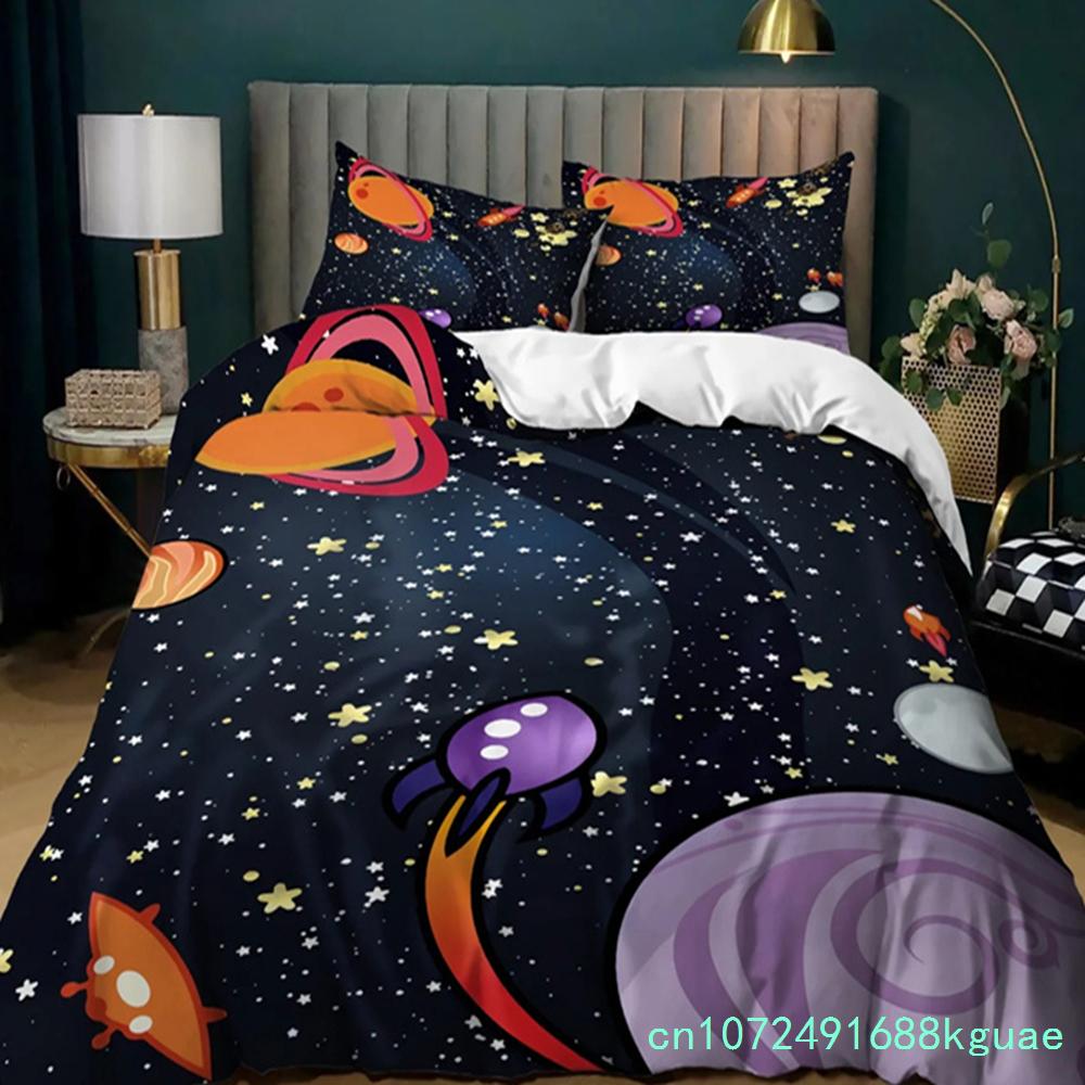 Space Bedding Boys Cute Space Alien Duvet Cover Green Rocket Ship Cartoon Planet Comforter Cover Black Bedding Set For Kid Teen