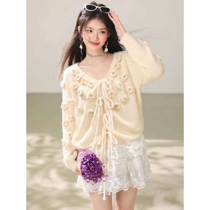 Women's Sweet French Floral 3D V-Neck Lace-Up Knit Cardigan Sweater