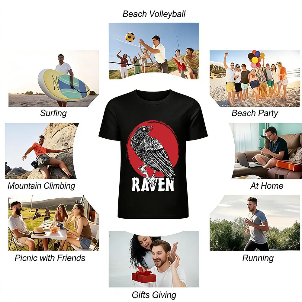 Vintage Raven Print Casual T-shirt Unisex Street Style Loose Top Pure cotton T-shirt