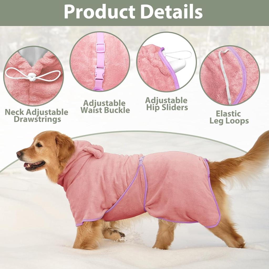 Dog Bathrobe Super Absorbent Towel Robe - Microfiber Bath Towels Fast Drying Coat for Dogs, Cute Dogs Clothes Adjustable Collar & Belly Strap Warm