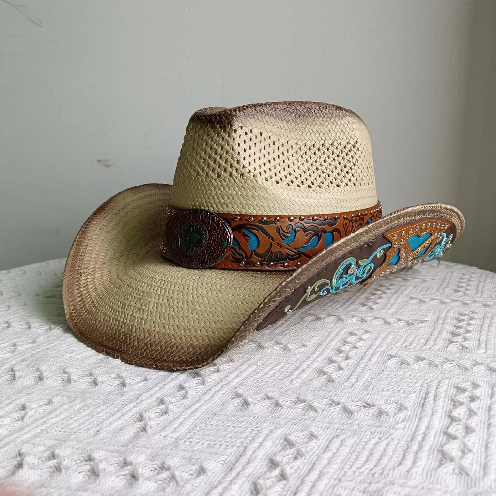 Western cowboy straw hat custom men and women retro wide-brimmed cowboy hat hollow hat sun hat sombrero