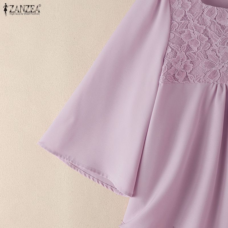 ZANZEA Women Lace Patchwork Square Collar 3/4 Sleeve Elegant Blouse