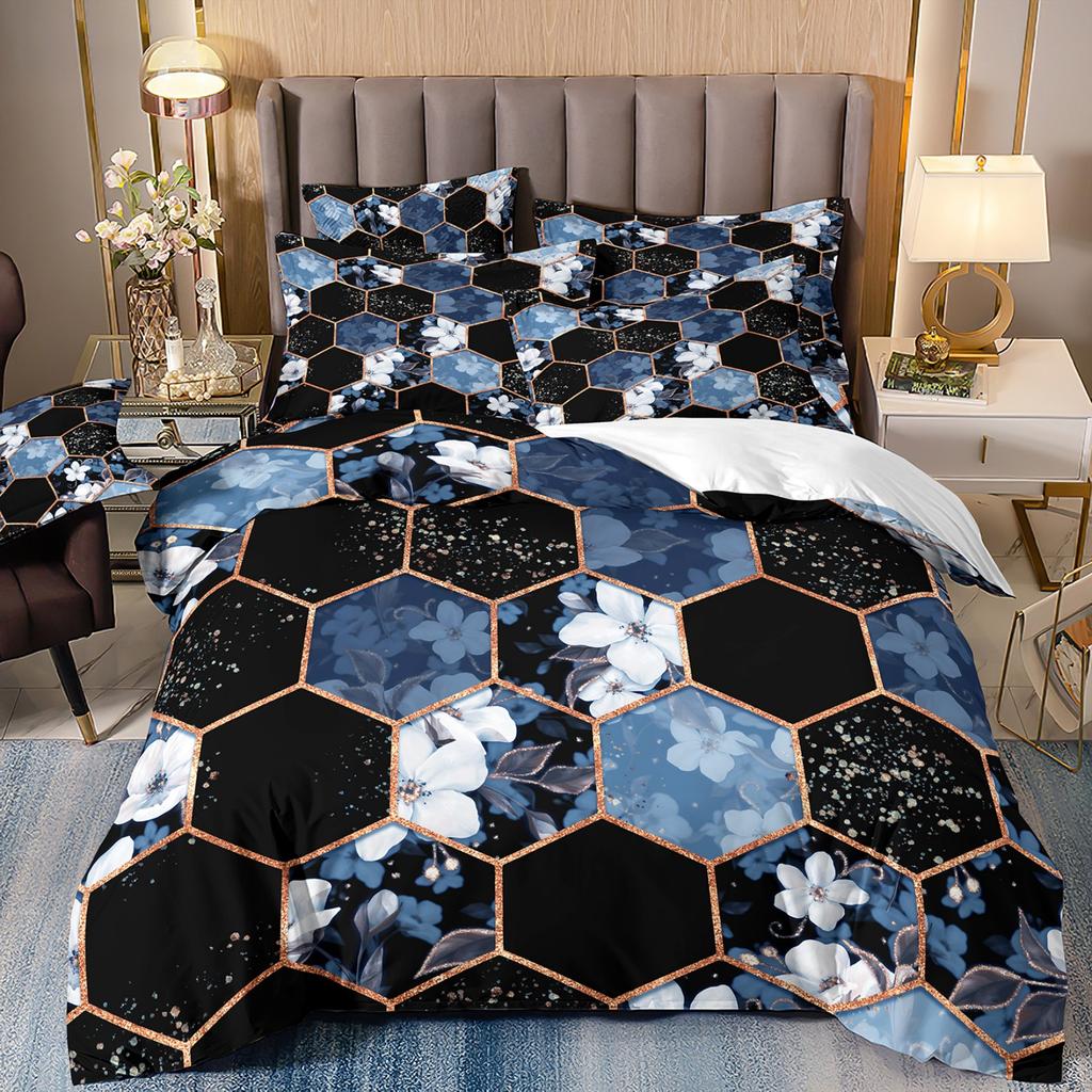 3D Digital Printing Light Luxury Geometric Honeycomb Stone Pattern Bedding Quilt Cover Three-Piece Set