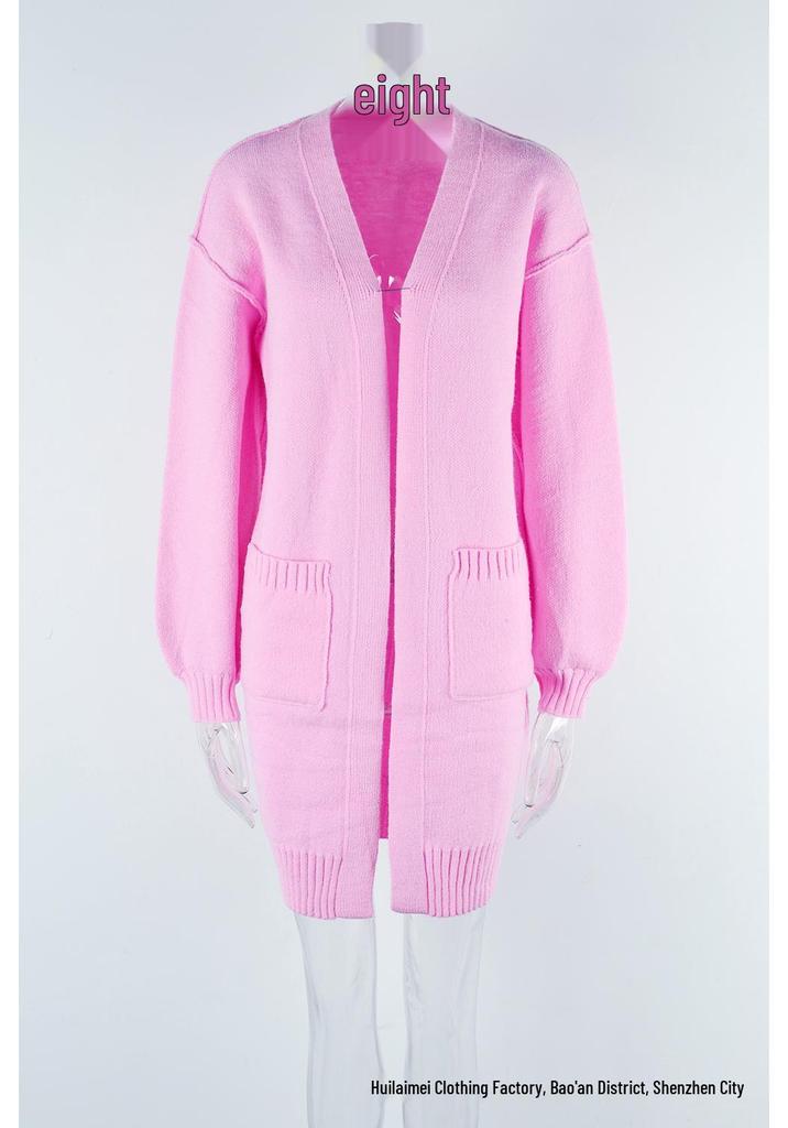 2026 Autumn/Winter European & American Women's Knit Solid Color Pocket Mid-Length Fashion Sweater Coat